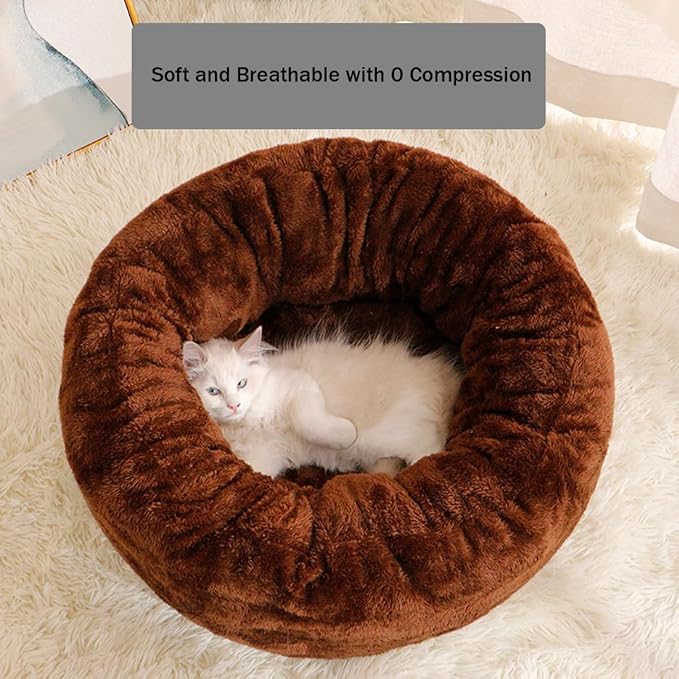 Cat Beds for Indoor Cats,Fluffy Donut Cat Bed Non -Slip Cat Bed Small Dog Bed Self Warming Pet Bed Cat Beds & Furniture Round Anti Anxiety Kitty Bed (Brown M)