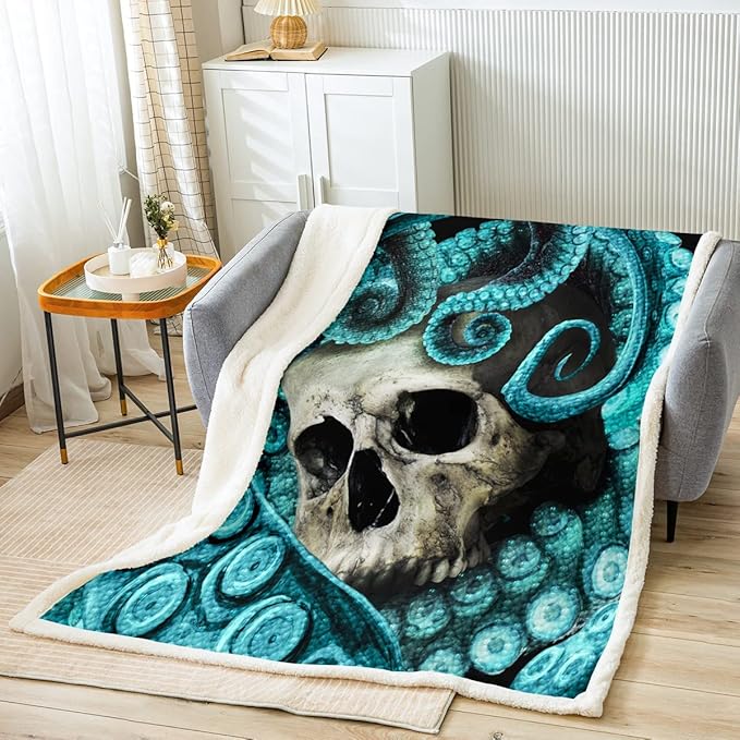Skull Fleece Throw Blanket Baby 30"x40" for Bed Sofa Couch 3D Print Octopus Skeleton Sherpa Blanket Decorative Horror Ocean Marine Life Plush Blue Soft Fuzzy