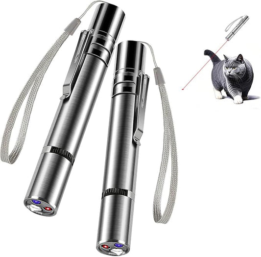 2 Pack Laser Pointer Cat Toy 7 Adjustable Modes Red Light to Amuse Pets Blue Light Can Check Money with Small Torch USB Rechargeable Metal Material