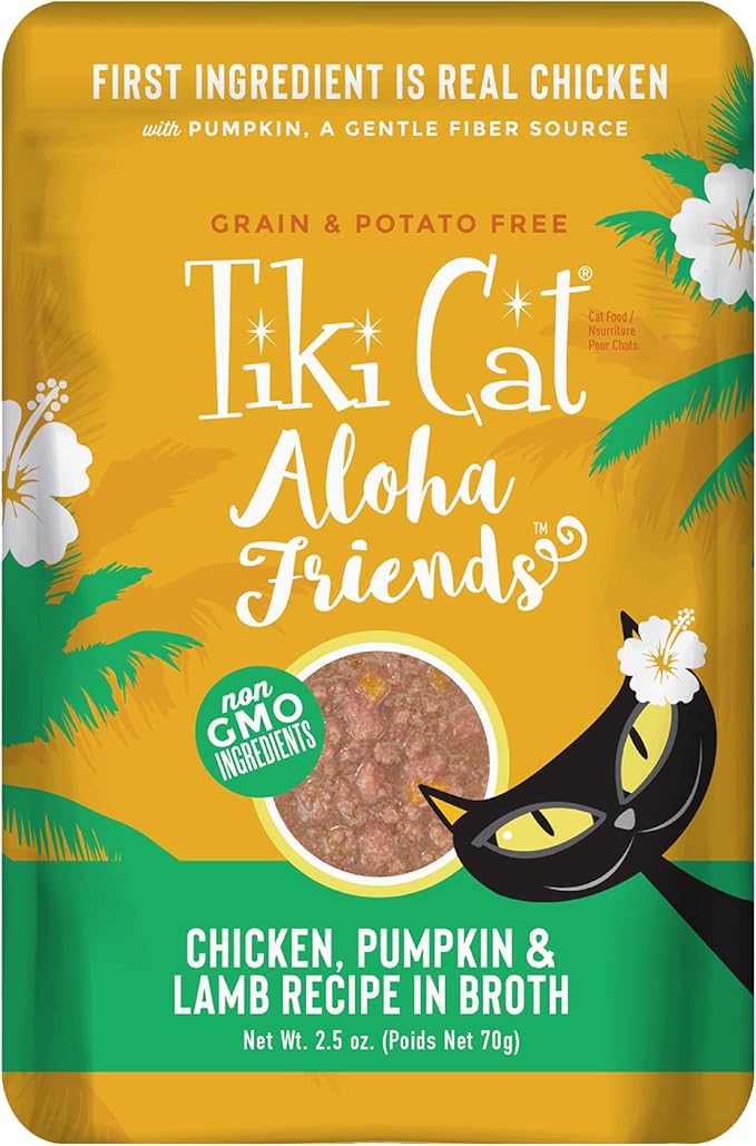 Tiki Cat Aloha Friends, Chicken, Pumpkin & Lamb, Grain-Free & High Moisture, Wet Cat Food for All Life Stages 2.5 oz. Pouch (Pack of 12)