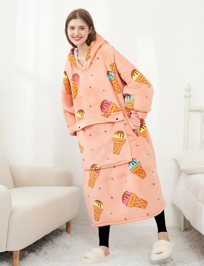KFUBUO Wearable Blanket Hoodie for Adult Long Sherpa All Patterns ice Cream Oversized Hoodie Sweatshirt Blanket Cute Birthday Gifts for Women