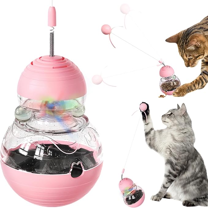 Cat Treat Toy for Indoor Cats,Food Toys Interactive Spinning Funny Cat Food Puzzle Toys with Ball Bulb Cat Self Play Treasure Gourd Cat Toys(Pink)