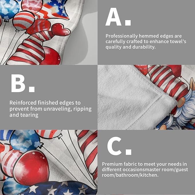 Patriotic Gnomes Hand Towels Set of 2 American Flag Kitchen Dish Towel Star Balloon Soft Microfiber Face Towel for Bathroom Home Decor