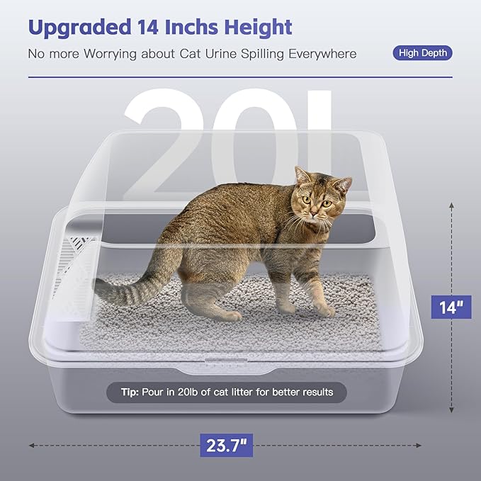 14" XL Stainless Steel Litter Box for Cats, Enclosed Metal Litter Box with Lid, Extra Large Kitty Litter Box with High Sides for High Peeing Cat, Easy to Clean, Non-Sticky, Including Scoop