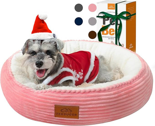 23in Pink Round Cat Dog Bed for Large Medium Small Dogs Cats, Machine Washable Sleeping Sofa, Non-Slip Bottom Breathable Soft Calming Pet Cuddler for Indoor/Outdoor/Car/Cage