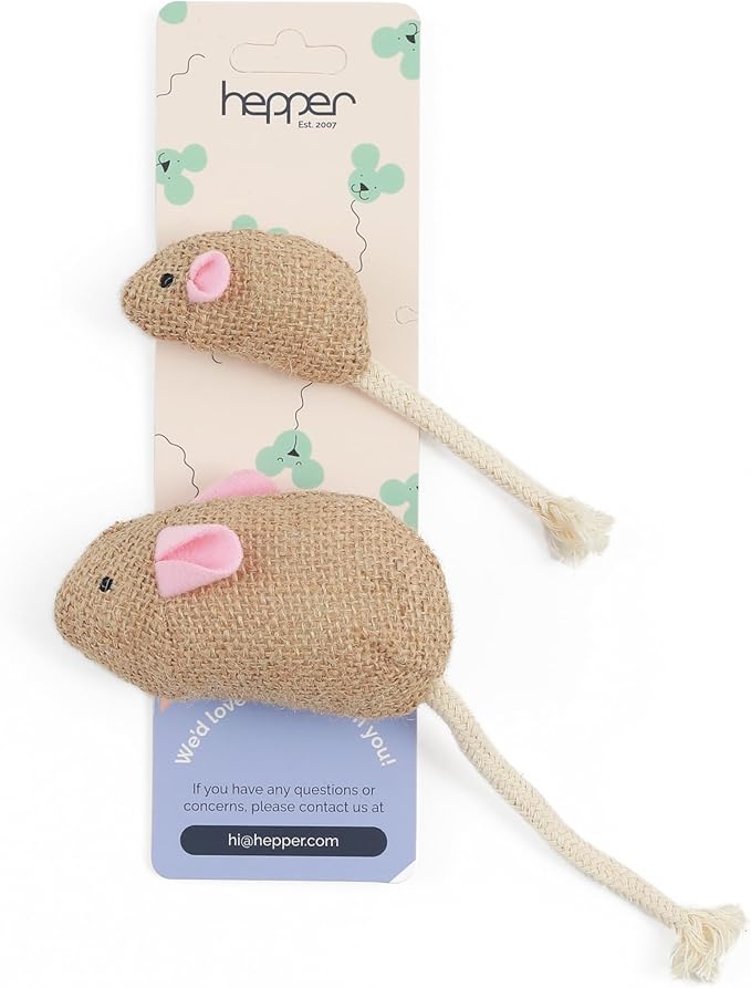Hepper Catnip Mice Toy Set - Hessian: Premium Catnip-Infused Mice Cat Toys for Endless Play, Multi-Textured Hessian Fabric Ideal for Quiet Self-Play - 2 pcs Pet Toys for Cats for Kicking & Tossing