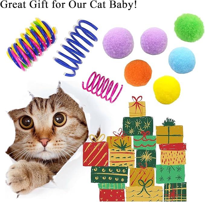 itPlus Cat Toys for Indoor Cats, Cat Spiral Spring Soft Cat Pom Pom Balls Interactive Toys for Kitty Cats Keep Fit Great for Cats Hunting Kitten Toys (6pcs Ball&6pcs Springs)