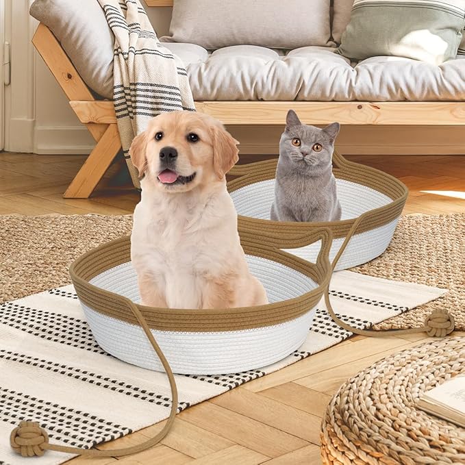 Cotton Rope Woven Cat Bed Basket, Pet Sleeping Bed Basket with a Playing Rope Ball, Cat Foldable Sleeping Basket for Cats, Puppies, Rabbits and Small Pets (Large, Brown & Beige)