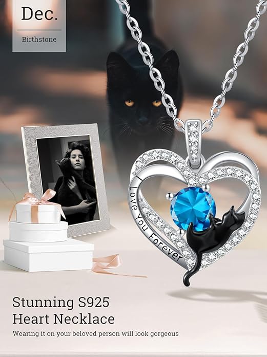 Birthstone Cat Necklaces,925 Sterling Silver Cat Necklace Heart Pendant for Women,Dainty Animal Jewelry for Her,Wedding Anniversary Birthday Gifts for Women Mom Grandma