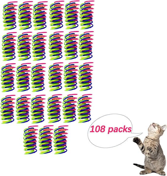 Sheldamy Cat Spring Toy Spiral, 108 Pack Folded Coil Springs for Indoor Cats, Plastic Colorful Fitness Play