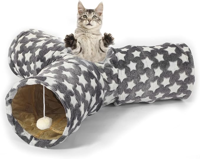 LUCKITTY Cat Tunnel Toy- 3 Way-Shaped, Gray Star Pattern, Soft Velvet Exterior, Oxford Fabric Fog-Proof Interior, Plush Toy Ball, Easily Washable, Conveniently Foldable