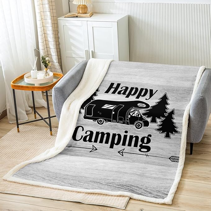 Erosebridal Happy CampingFleece Blanket Vintage Farmhouse Sherpa Blanket for Kids Child Camper Car Blanket Throw Size, Woodland Pine Tree Throw Blanket for Sofa Chair for Teens Adults Caring Gifts