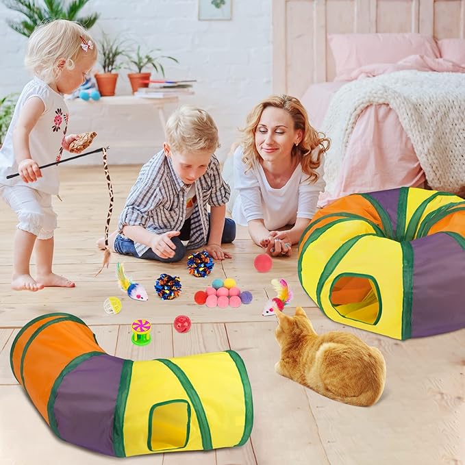 Retro Shaw Cat Toys for Indoor Cats 33 Pack,Kitten Toy Interactive Cat Feather Toy,Collapsible Cat Tunnel Tube Tent,Cat Springs Bell Rainbow Ball Crinkle Toy Mice Toy Pompom Ball Kitty Chase Exercise