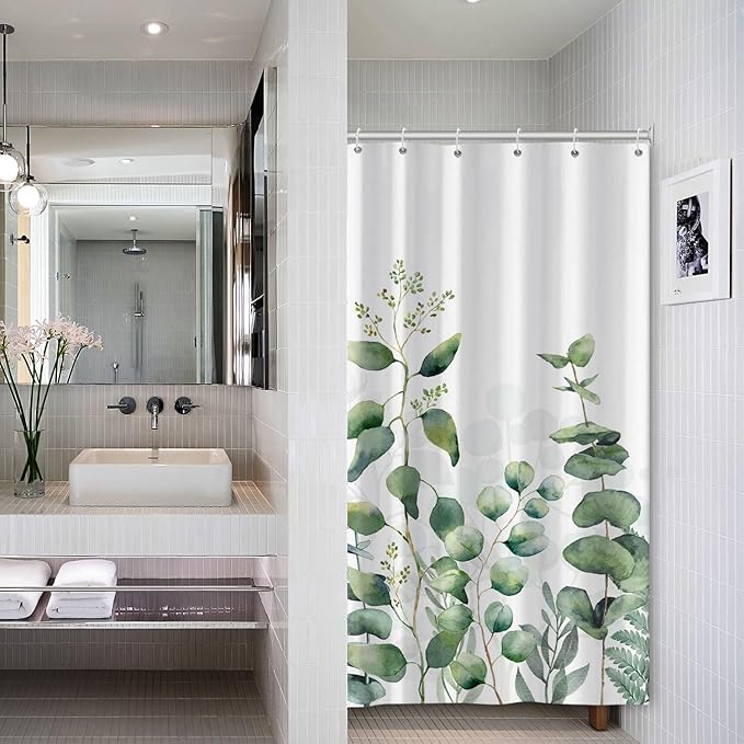 AWERT Small Half Size Stall Shower Curtain with 6 Hooks Shower Stall Curtain 36 x 72 Plant Sage Green Leaves 36 inch Shower Curtain for Bathroom/RV and Camper (Green Leaves)