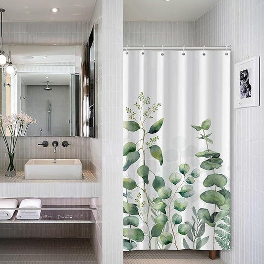 AWERT Small Half Size Stall Shower Curtain with 6 Hooks Shower Stall Curtain 36 x 72 Plant Sage Green Leaves 36 inch Shower Curtain for Bathroom/RV and Camper (Green Leaves)