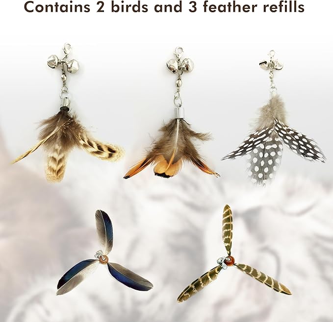 Cat Wand Toy for Indoor Cats, 32'' Flexible Steel Wire 5PCS Feather Cat Toys with Sturdy Wood Handle Replaceable Rotating Feather Cat String Kitten Toy (32'' Steel Wire + 5PCS Feather)