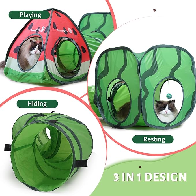 Cat Tunnel Toy and Cubes Combo Cat Tunnels for Indoor Cats Tube with Play Ball,Interactive Crinkle Collapsible Tent for Hiding Hunting and Resting, All in One Set of 3, Fruit