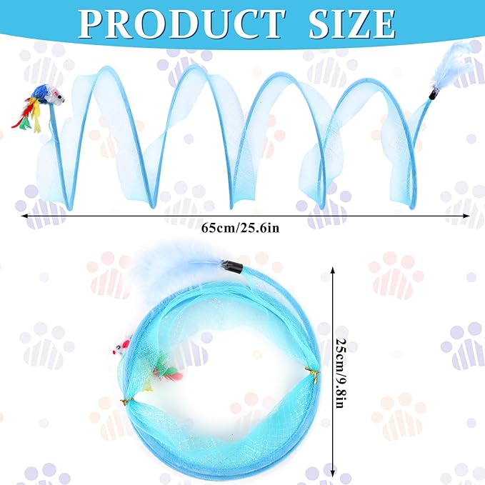 2 Pcs Folded Cat Tube Tunnel Interactive Spring Cat Tunnel Toy for Indoor Cats Exercise, Cat Tunnel Bed for Kitten, Cat Donut Tunnel Whisker Twister with Feather Mouse Toys, Blue & Green