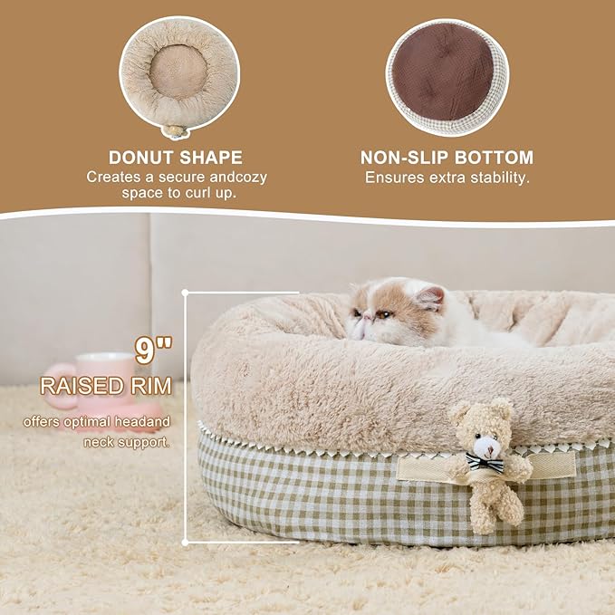 Jiupety Teddy Donut Bed for Indoor Cats, Washable & Warm Small Dog Bed, Cute Fluffy Round Kitten Bed, Suitable for Cat and Puppy, Anti-Slip Calming Princess Kitty Bed, Camel, 26"×26", Fit 25lbs