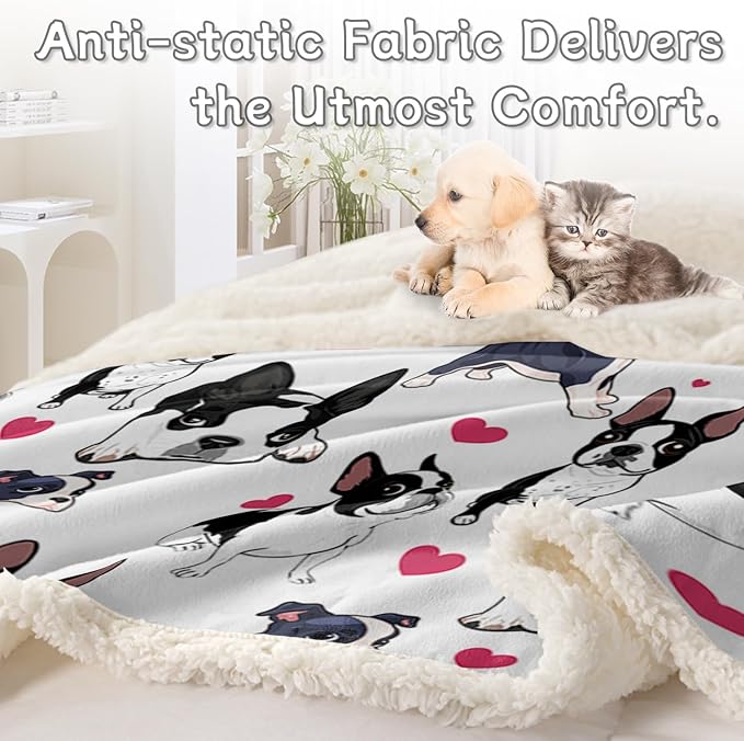 BlessLiving Boston Terrier & Frenchie Dog Plush Blanket - Red Heart Cute Puppy Dog Cozy Fleece Throw for Kids, Girls & Women - White - 50 x 60 Inch