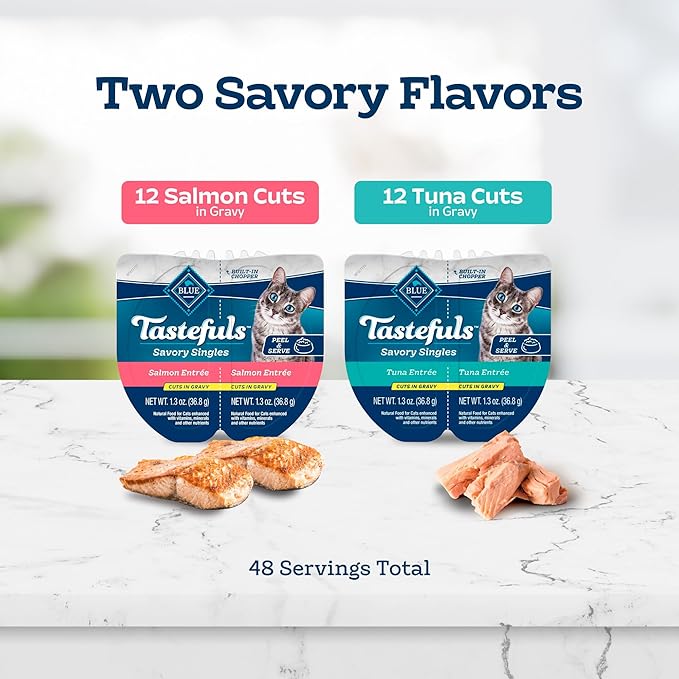 Blue Buffalo Tastefuls Savory Singles Natural Wet Cat Food Variety Pack, Salmon & Tuna Cuts in Gravy, 2.6-oz. Twin-Pack Trays (24 Count, 12 of Each)