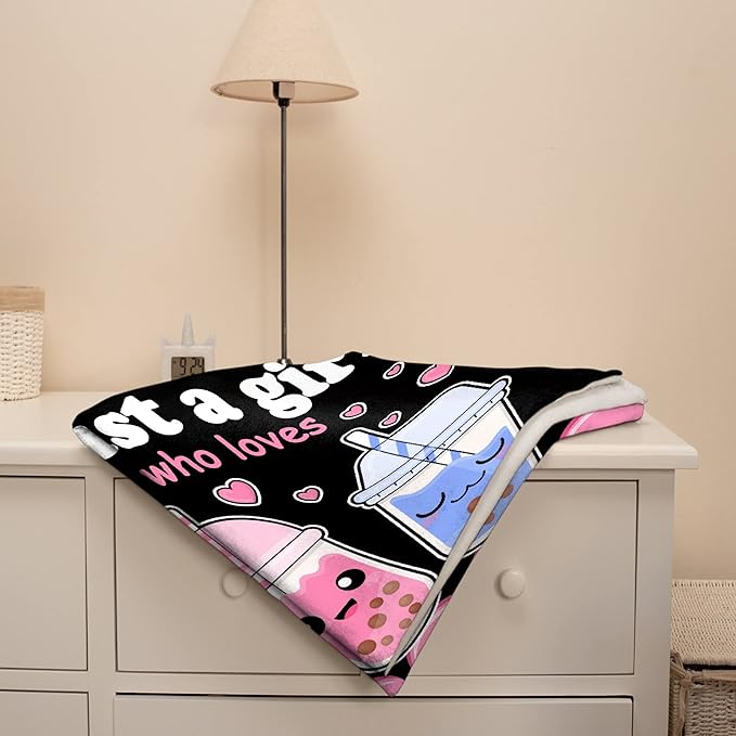 Blanket Plush Fleece Throw-Just A Girl Who Loves Kawaii Gift for Girls Kids Women Bubble Tea Stuffed Soft Lightweight Flannel Blankets Toddler Sheet for Sofa-50x60 Inches