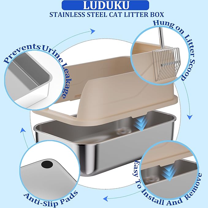 2 Pack Stainless Steel Cat Litter Box with Lid Enclosed Sides Extra Large Matel Litter Box for Big Cats XL Steel Litter Pan for Multiple Cats with Cat Litter Scoop Easy Cleaning