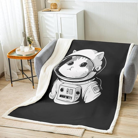 Astro-cat Sherpa Blanket Cute Pet Cats Fleece Throw Blanket for Sofa Couch Bed Decor Animals Universe Explore Plush Blanket Black White Fuzzy Blanket Twin 60"x80"