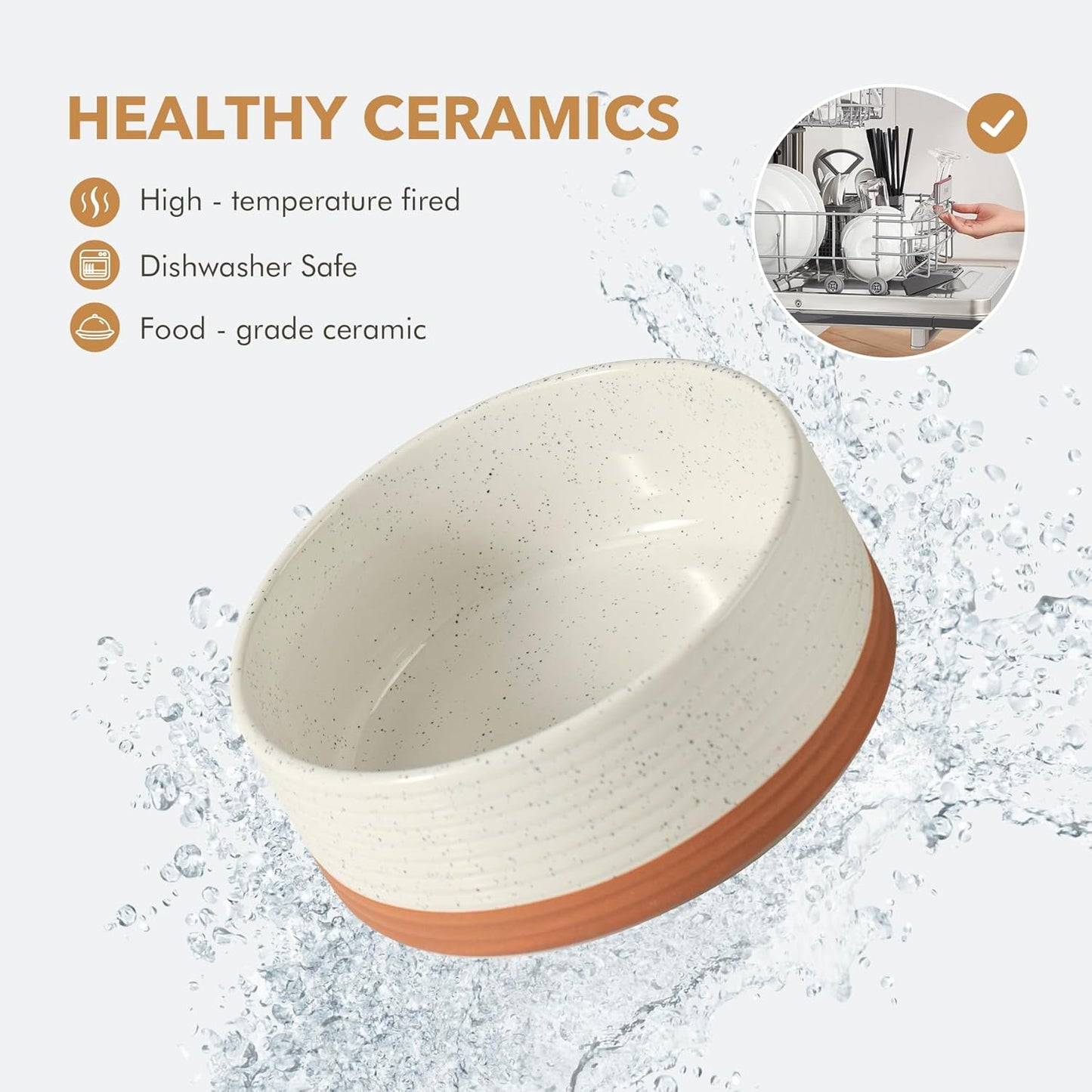 Ceramic 7.3inch Raised Double Dog Bowls Set with Acacia Wood Stand, Food & Water Bowls for Medium Breed Dogs, Weighted Pet Dishes(41oz, Vanilla White)