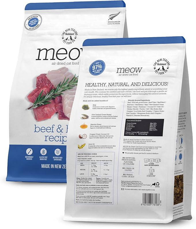 Meow Air Dried Cat Food - Beef & Hoki Recipe, High Protein Dry Cat Food Use as a Complete Diet, Topper, Mixer, or as Cat Training Treats, All Life Stages, 26.5 oz