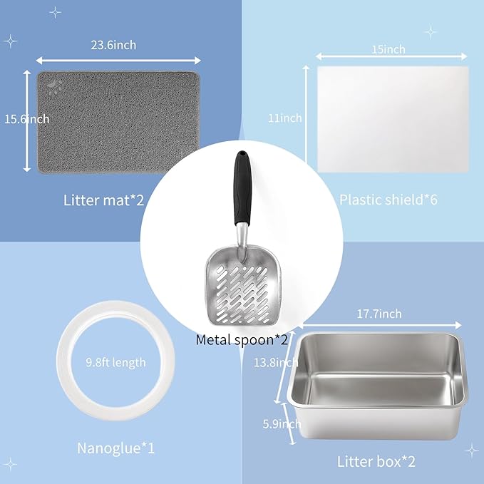 2 Sets Stainless Steel Cat Litter Box with High Sides Cat Litter Tray, Metal Cat Litter Pans with Plastic Shield Easy to Clean Cat Litter Scoops Cat Litter Mats 17.7x13.8x5.9inch