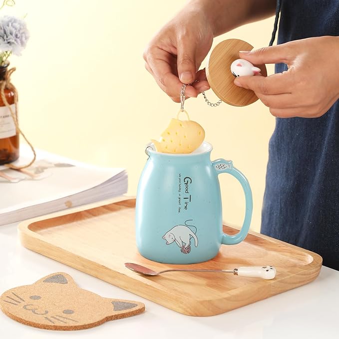 BigNoseDeer 2Pcs Kawaii Tea Cup with Infuser Ceramic Cat Mug Cute Mugs Coffee Mugs Gifts for Cat Lovers Cute Cool Preppy Stuff Mother's Day Gifts for Women 13oz