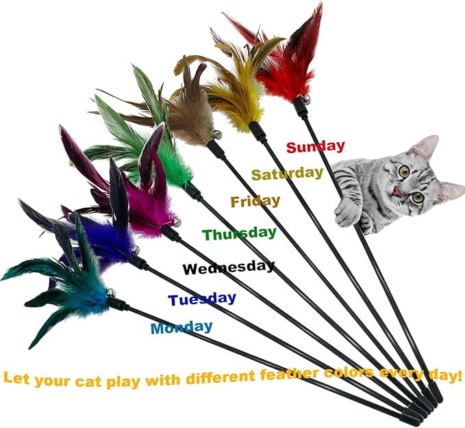 Cat Wand Toy Feather Stick Cat Toys, 7 PCS Cat Feathers Toy Wand, Interactive Cat Toy Feather Wand for Indoor Cats