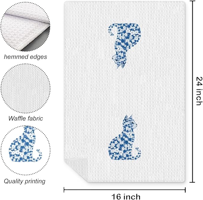 Blue Floral Cat Kitchen Towels, Cat Lovers Mom Lady Gifts Hand Towels for Bathroom, Kitty Kitten Dish Tea Towels for Kitchen Decor, 16x24 Inch
