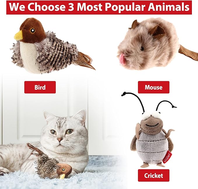 Gigwi Automatic Cat Toys Pack, Interactive Cat Toys Electronic Squeaky Animals Bird/Cricket/Mouse Sounds, Plush Toys for Cats to Play Alone, Play and Squeak Cat Toys for Indoor Cats Boredom,3 Pcs