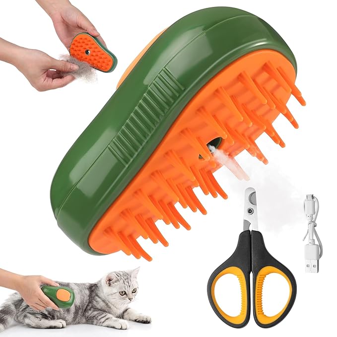 2Pcs Steamy Cat Brush - 3 in1 Cat Steamy Brush,Silicone Massage Grooming Brush with Water,Pet Hair Cleaner Brush Comb for Cats Dogs(Avocado)