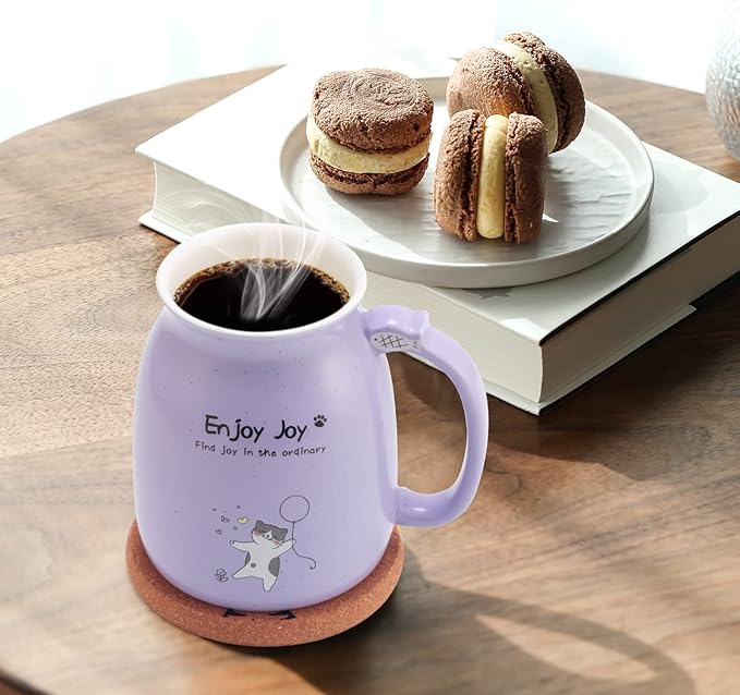 Bgbg Cute Cat Mug - Novelty Ceramic Coffee Cup With Kawaii Wooden Kitty Lid, Lovely Claw Spoon, Anime Coaster - Christmas Birthday Gifts for Women, Cat Lovers, Girls, Kids - 480ML