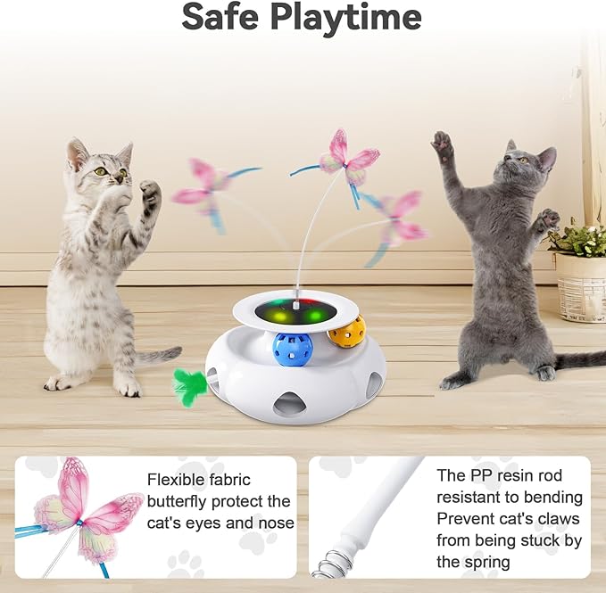 Cat Toys Automatic 3in1 Rechargeable Ambush Feather, Spinning Butterfly, Track Balls, Touch Activated Kitten Toys Interactive Cat Toy for Indoor Cats