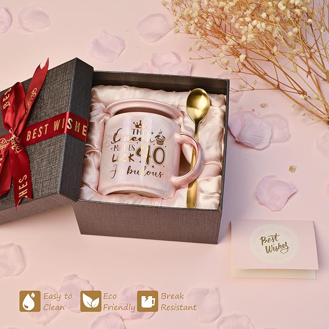 40th Birthday Gifts Women - 14oz Fabulous Pink Coffee Mug with Gold Pattern - Unique 40th Birthday Gift Ideas for Mom Sister Aunt Coworker Best Friend, Happy 40 Years Old birthday gifts, Gift Boxed.
