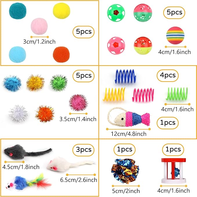 Cat Toys Kitten Toys Assortments, 32 Packs Interactive Cat Toy Variety Pack for Kitty, Cat Wand Toy, Cat Crinkle Balls Bell Balls with Bells, Cat Spring Toy, Catnip Toys for Indoor Cats Kitten