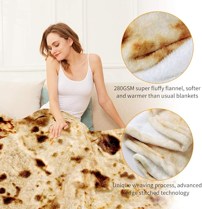 Burrito Tortilla Throw Blanket, 2.0 Double Sided Burritos Taco Tortilla Wrap Blankets for Adults Kids, Giant Funny Realistic Food Blankets, Soft Flannel Round Throw Blanket 80in