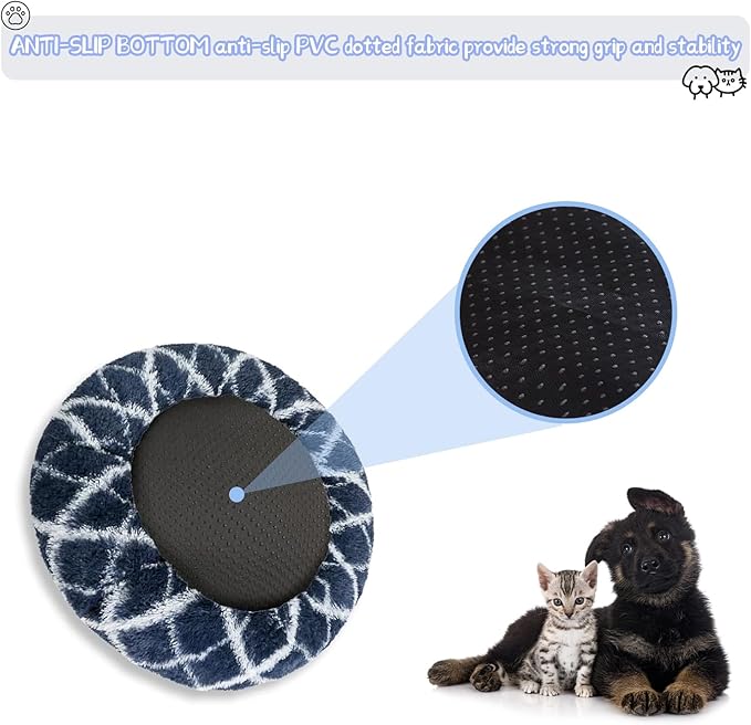 Dog Bed for Indoor, Faux Fur Calming Dog & Cat Bed 24' Anti-Anxiety Donut Soft Plush Cushion for Small Medium Dogs & Cats with Slip-Resistant Bottom(Cyan+White)