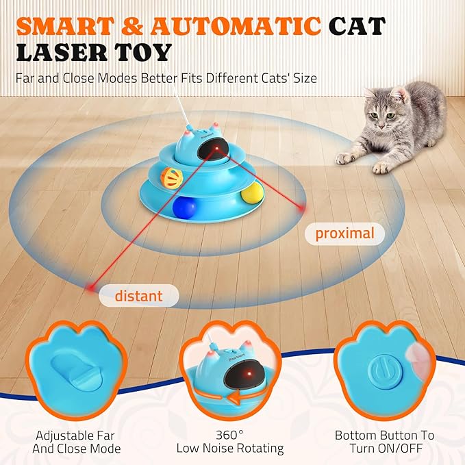 Interactive Cat Toy: 5 in 1 Automatic Cat Toy for Indoor Cats, Rechargeable Hide and Seek Toy with PVC Cover, Battery Operated Kitten Laser Toy with Standard Accessories Pack, Blue