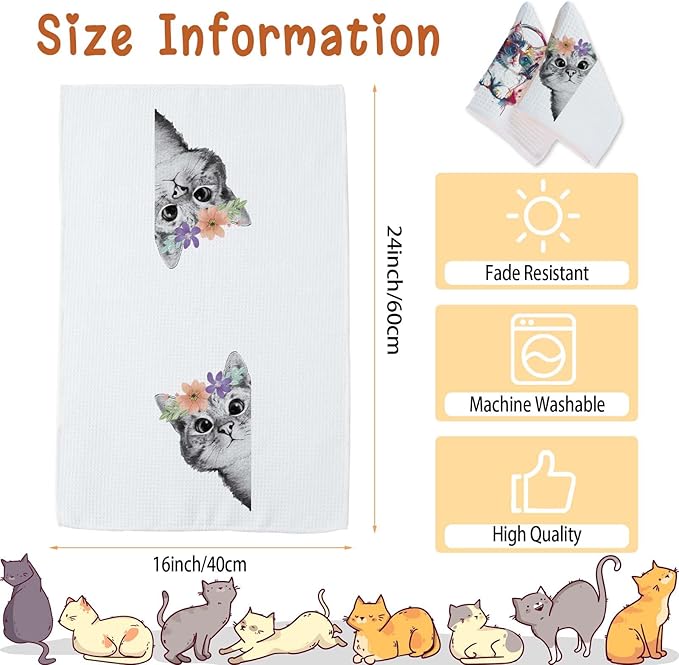 Cute Cat Kitchen Dish Towels Set of 2 Cats Decoration for Cat Lovers Cat Kitchen Accessories Cat Mom Gifts for Women Cute Towels Decorative Set for Kitchen & Bathroom 16×24 Inch
