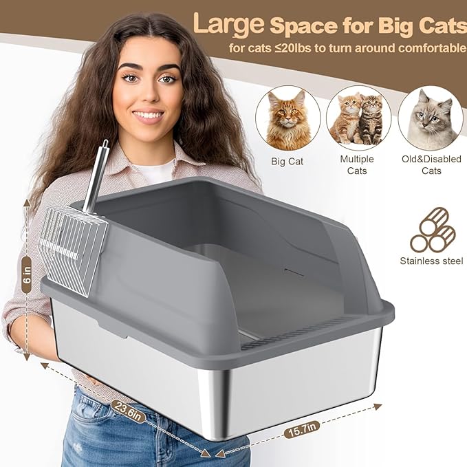 2 Pack Stainless Steel Cat Litter Box, Extra Large Steel Litter Boxes for Big Cats, XL Metal Cat Litter Box with Lid,Anti-Urine Leakage, Non-Sticky, Include Cat Mat and Litter Scoop