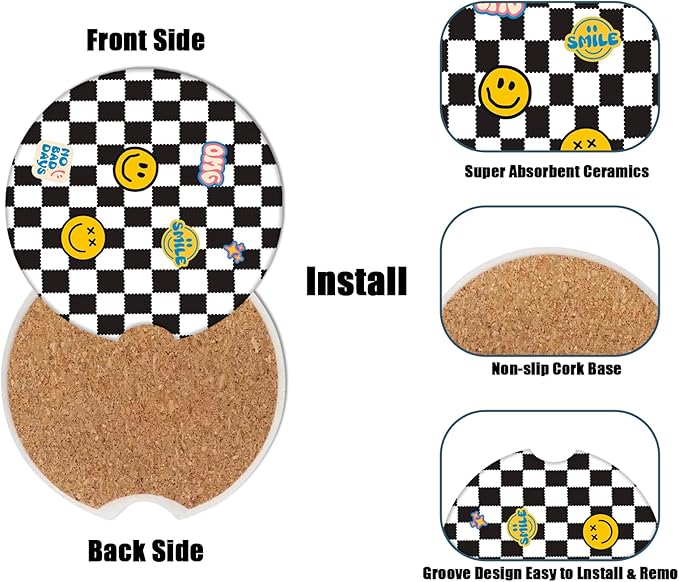Car Cup Holder Coaster - Black and White Grid Smiley Face Absorbent Ceramic Coaster, Car Coasters for Cup Holders, Auto Accessories for Women & Men, Pack of 2