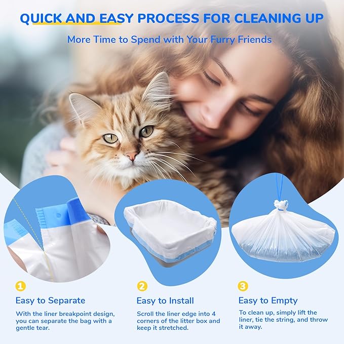 60 Count Drawstring Litter Box Liners for Scoopfree Cat Litter Tray Pan Refills, 37'' W x 13.8'' H, Durable Pet Kitten Replacement Waste Bags for Stainless Enclosure Closed Litter Box