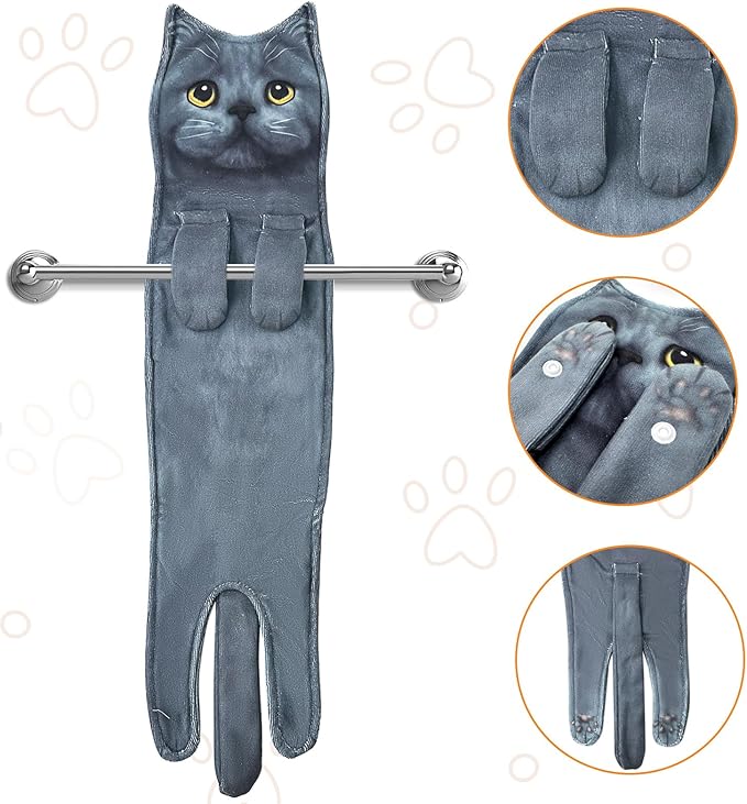 PAT JUUMG Funny Hand Towels for Bathroom Kitchen Decor, Cute Decorative Hanging Face Towels, Super Absorbent Soft, Housewarming Gift, Cat Lovers Gifts for Women (Blue Cat)