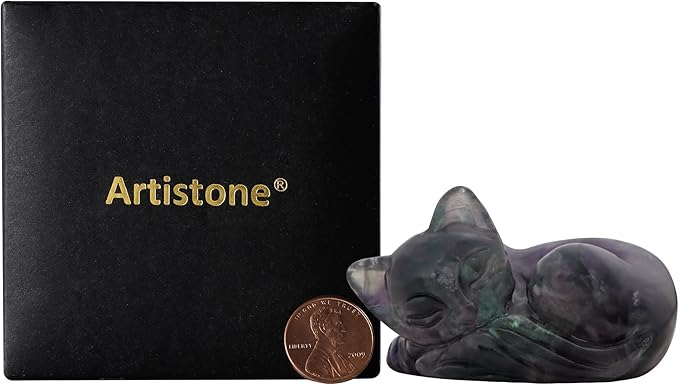 2" Sleeping Cat Statue Rainbow Fluorite Healing Crystals Hand Carved Cute Kitten Figurine, Worry Stone for Anxiety Relif Home Desk Decor Animal Figurine