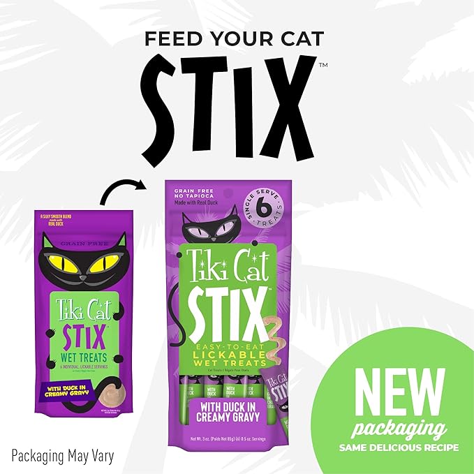Tiki Cat Stix Mousse Treats, Single Serve Indulgent Lickable Treat or Dry Food Topper, with Duck in Creamy Gravy, 3 oz. Pouch (Pack of 6)